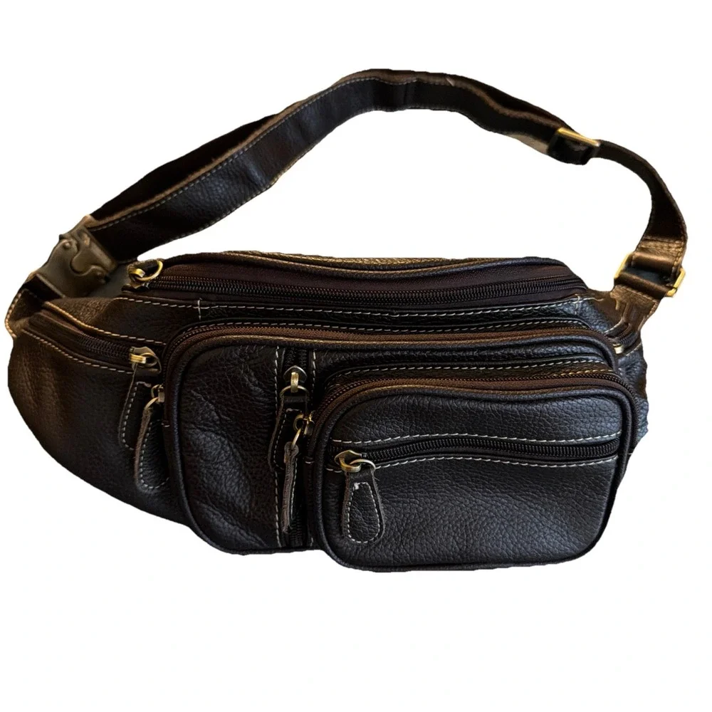 Leather Fanny Pack Waist Sack Handbag Brown Pebble Pockets Adj Strap Zip Pocket - Picture 1 of 9